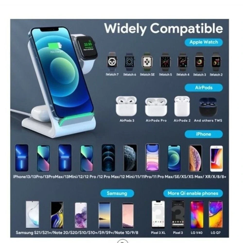 3 in 1 Wireless Charging Station with QC 3.0 Adapter Compatible with iWatch